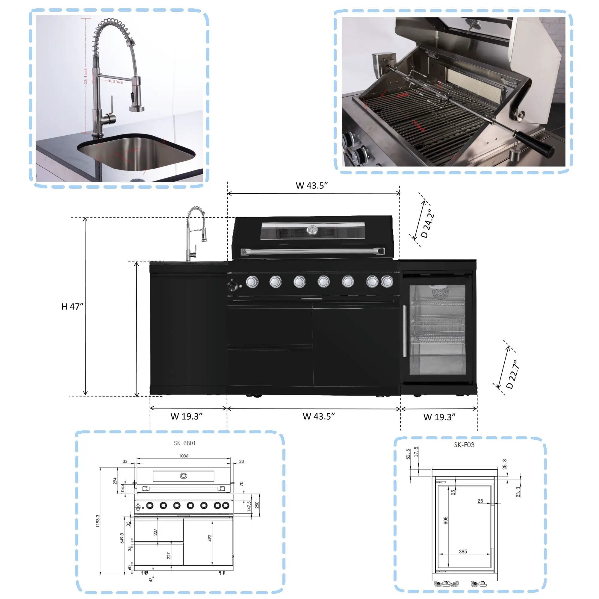 6 Burner 85, 000 Btu Outdoor Kitchen Island Grill With Wine Cooler Refrigerator, Rotisserie Kit, Granite Countertops & Sink - Black by HouseOfZazla