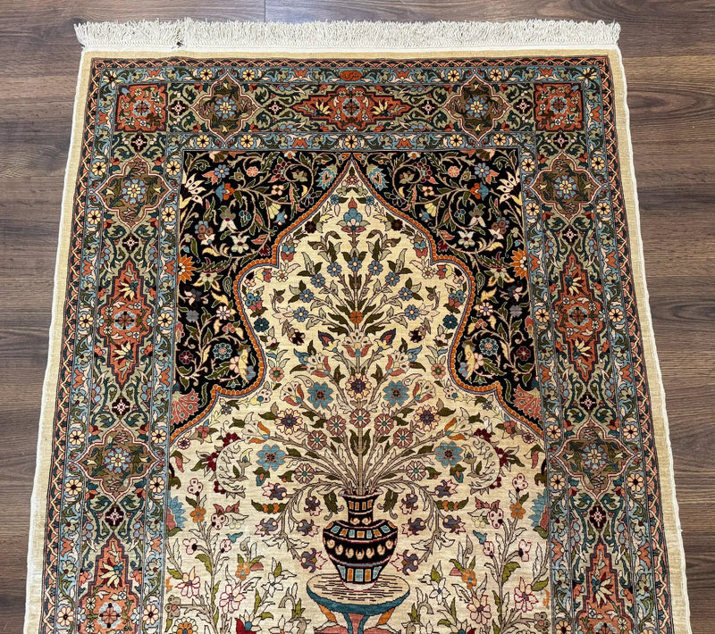 Rare Turkish Hereke Silk Rug 3x5, Tree of Life Persian Vase Design, Very Fine 440 KPSI, Signed by Jewel Rugs