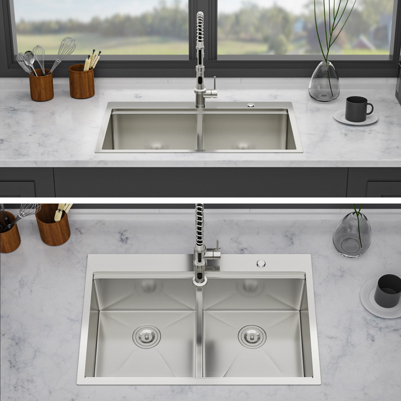 Topmount, Drop In Double Bowl Kitchen Sink by HouseOfZazla