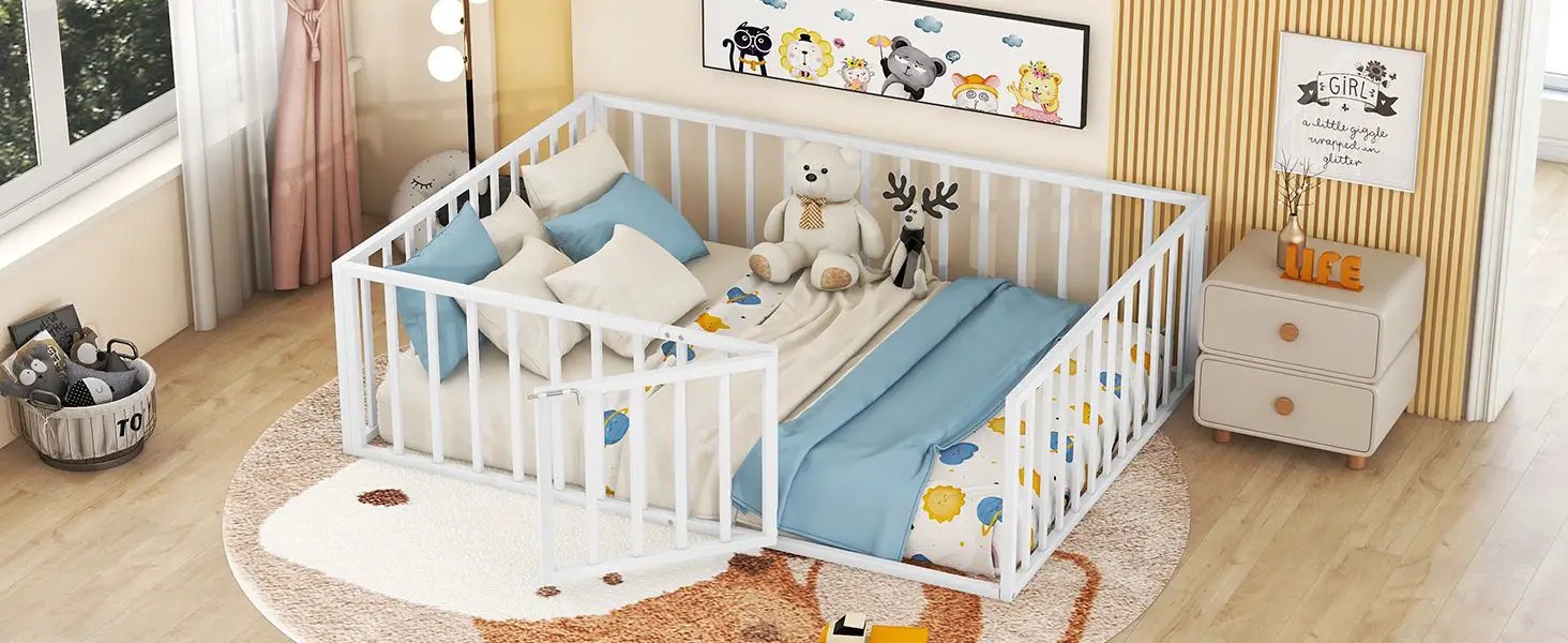 Metal Floor Bed Frame With Fence And Door by HouseOfZazla