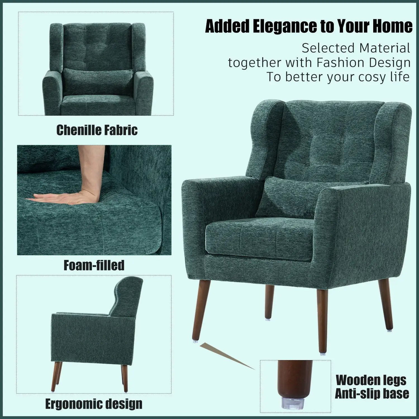Modern Accent Chair, Arm Chairs For Living Room, Upholstered Mordern Armchair, Comfy Soft Padded Lounge Chair In Small Space, Bedroom, With Pillow, Solid Wood Leg by Unique Piece Furniture