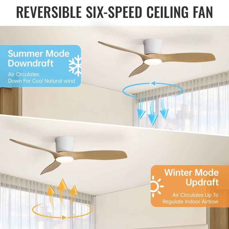 Flush Mount Ceiling Fan With Dimmable LED Light, 3 Blades, Reversible DC Motor by HouseOfZazla