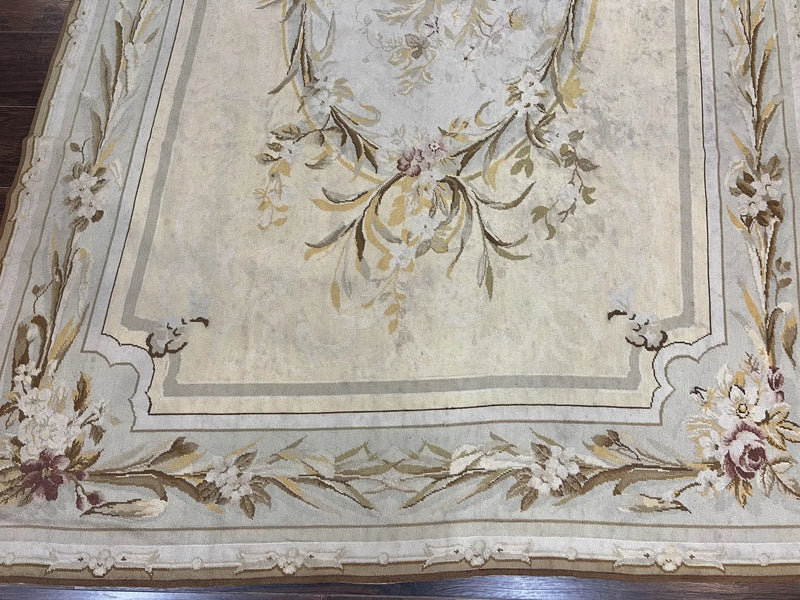 Needlepoint Rug 6x9, Elegant European Design Aubusson Carpet, Vintage Wool Handmade Rug, Light Yellow Ivory by Jewel Rugs