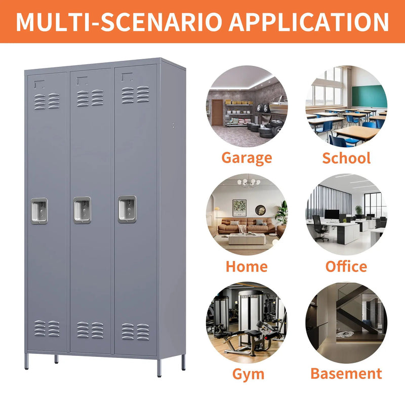 3 Door Lockers With Lock For Home, Gym, Office, School, And Garage - Gray by Unique Piece Furniture