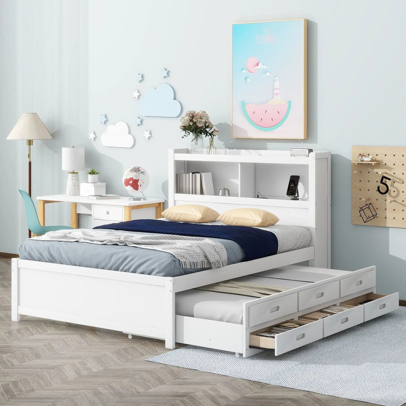 Full Size Platform Bed With Trundle, Drawers, USB Ports And Built In Shelves - White by HouseOfZazla