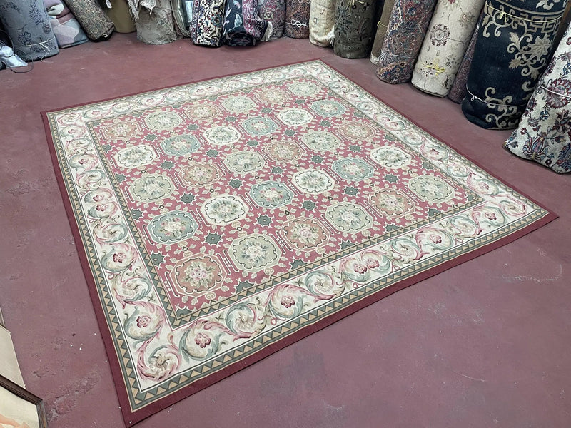 Square Aubusson Rug 9x9, Panel Design, European French English Carpet, Wool by Jewel Rugs