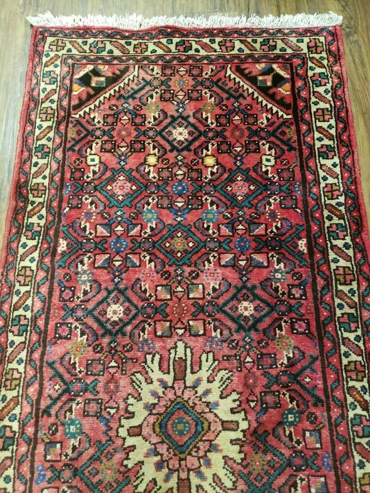 Persian Hamadan Runner Rug 2.8 x 14, Red, Vintage Handmade Wool Runner Rug by Jewel Rugs