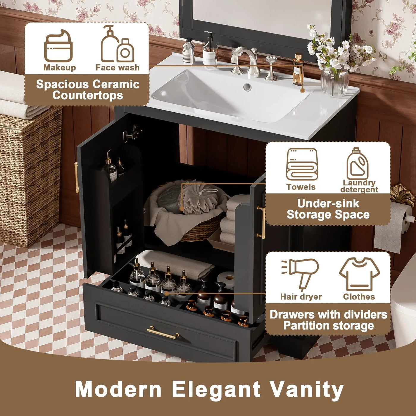 Bathroom Vanity With Sink, 1 Divided Drawer And 2 Soft Close Doors With Double Shelf by HouseOfZazla