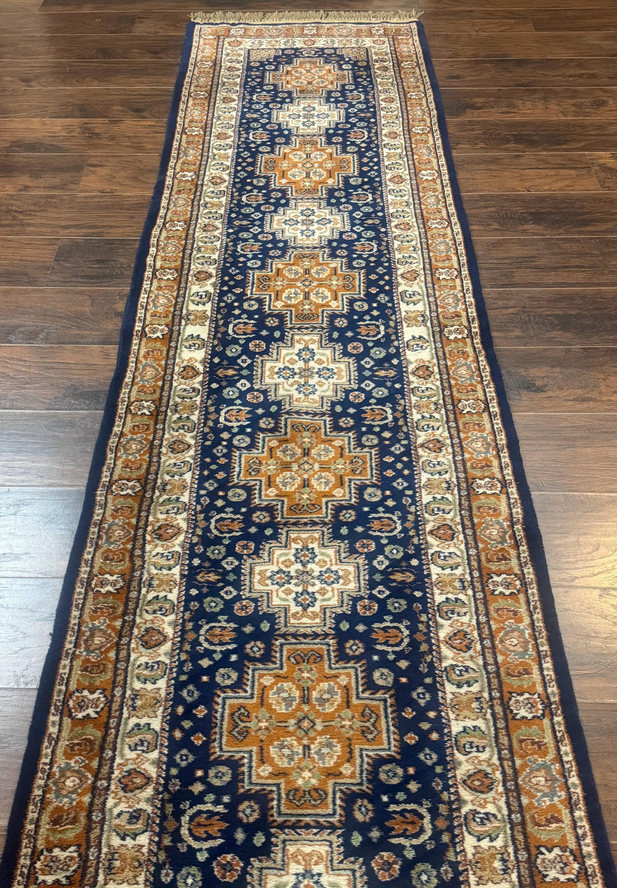 Indo Persian Runner Rug 2.6 x 12.7, Indian Kashmiri Runner for Hallway or Kitchen, Navy Blue, Geometric Medallions, Handmade Wool by Jewel Rugs