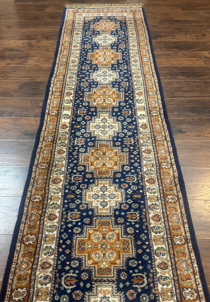 Indo Persian Runner Rug 2.6 x 12.7, Indian Kashmiri Runner for Hallway or Kitchen, Navy Blue, Geometric Medallions, Handmade Wool by Jewel Rugs