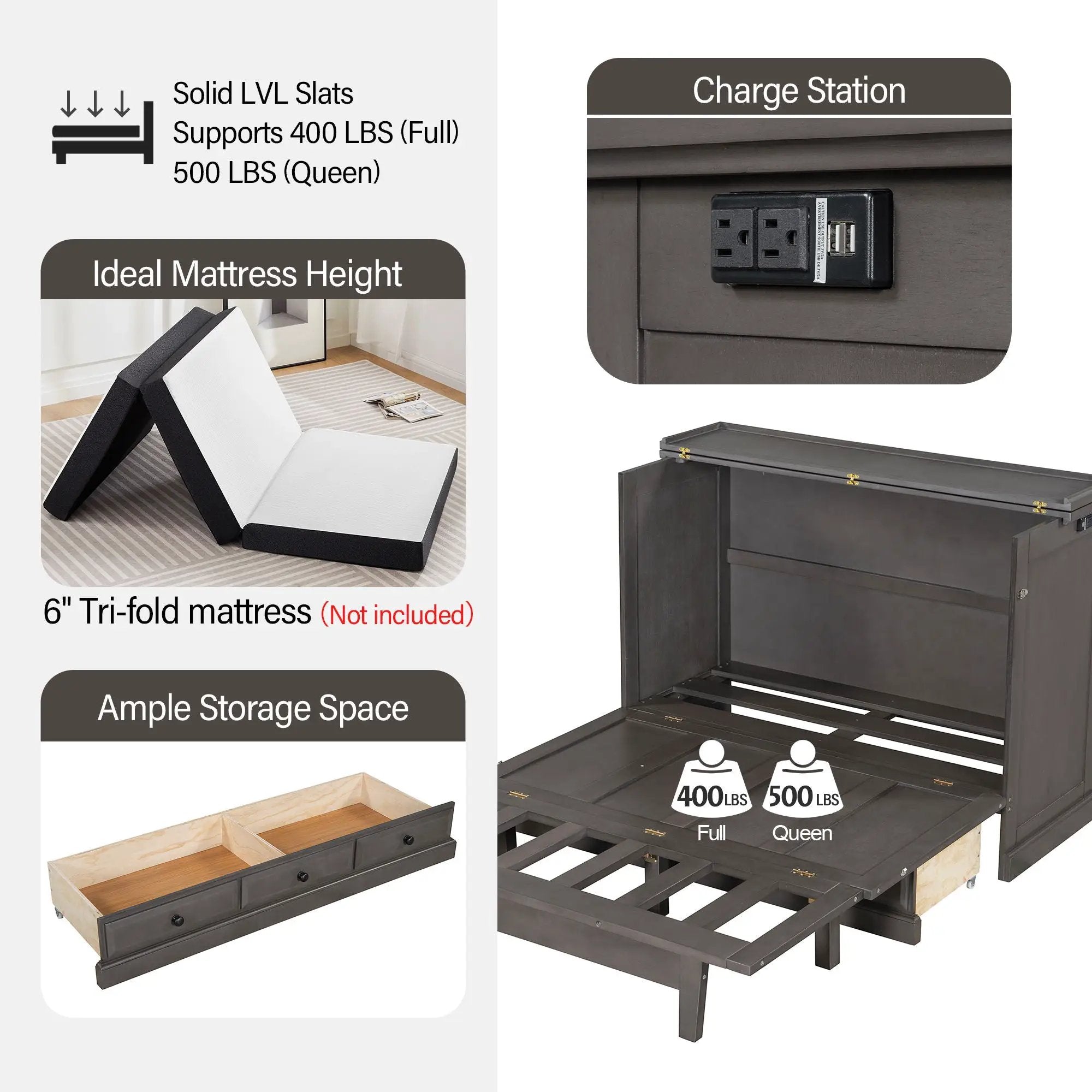 Murphy Bed Chest Cube Cabinet With Charging Station And Large Storage Drawer by HouseOfZazla