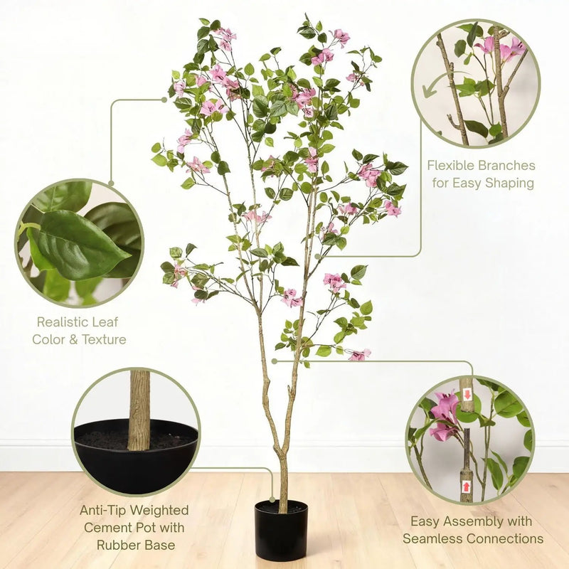 Artificial Bougainvillea Tree With Pot, Realistic Faux Flowering Plant Leaves And Blooms, Decor For Home Office - Green Leaves / Pink by Unique Piece Furniture