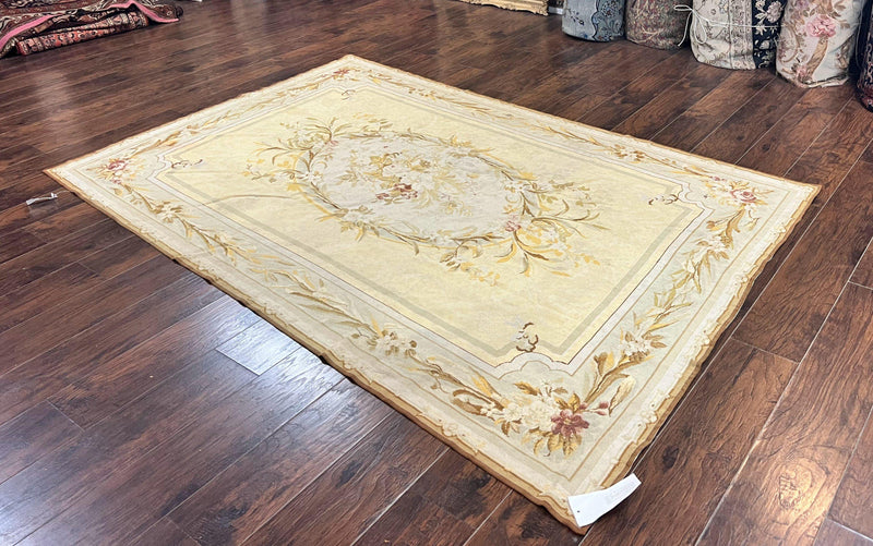 Needlepoint Rug 6x9, Elegant European Design Aubusson Carpet, Vintage Wool Handmade Rug, Light Yellow Ivory by Jewel Rugs