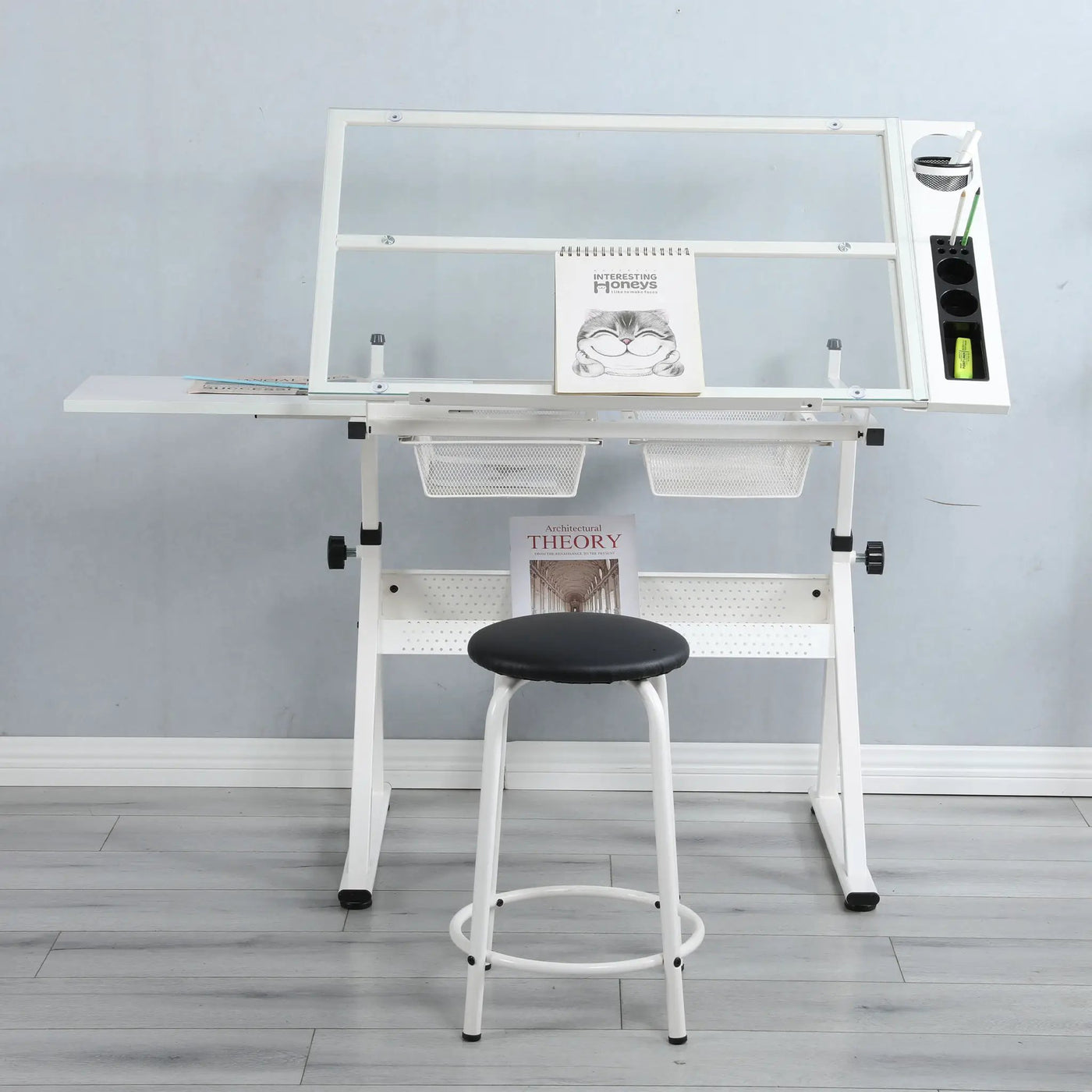 Adjustable Tempered Glass Drafting Printing Table With Chair by Unique Piece Furniture