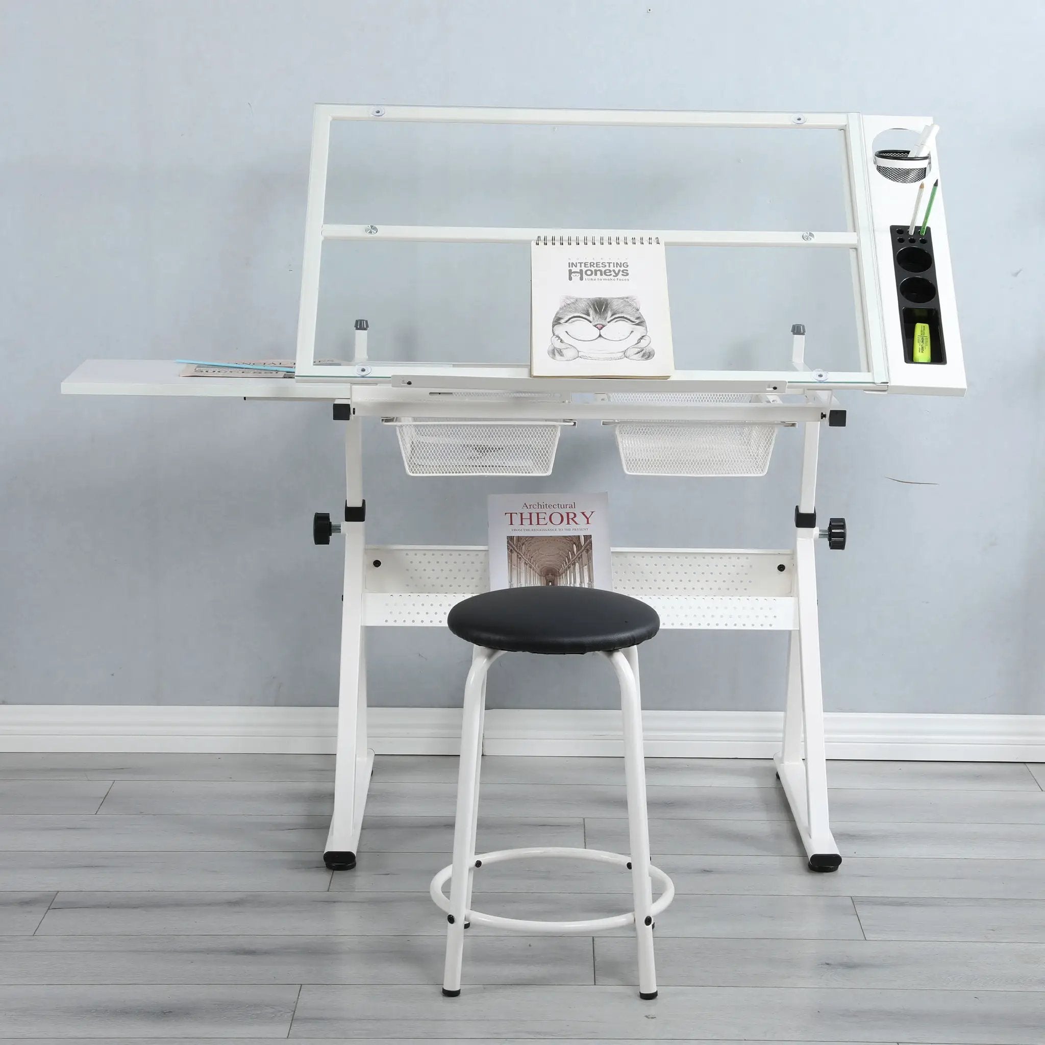 Adjustable Tempered Glass Drafting Printing Table With Chair by Unique Piece Furniture