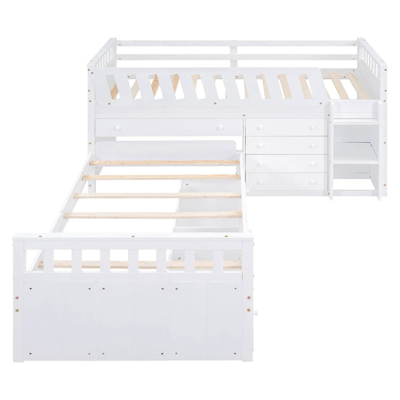 Loft Platform Bed With 7 Drawers And Full Guardrails, Modern L Shaped Space Savin