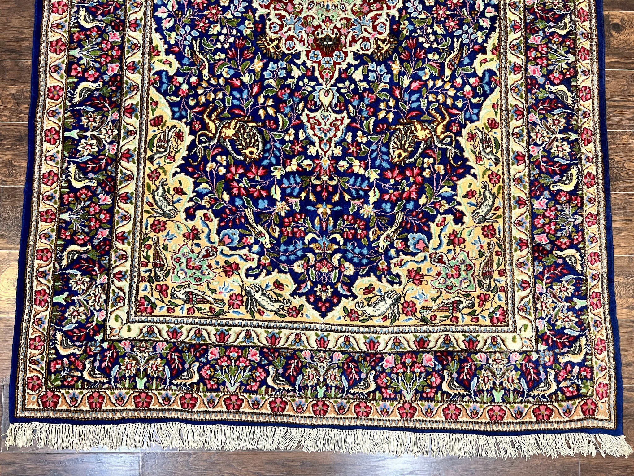 Persian Kirman Rug 6x9, Floral Medallion Vintage Wool Handmade Carpet 6 x 9, Animal Pictorials Birds, Semi Antique, Navy Blue, Millefleur by Jewel Rugs