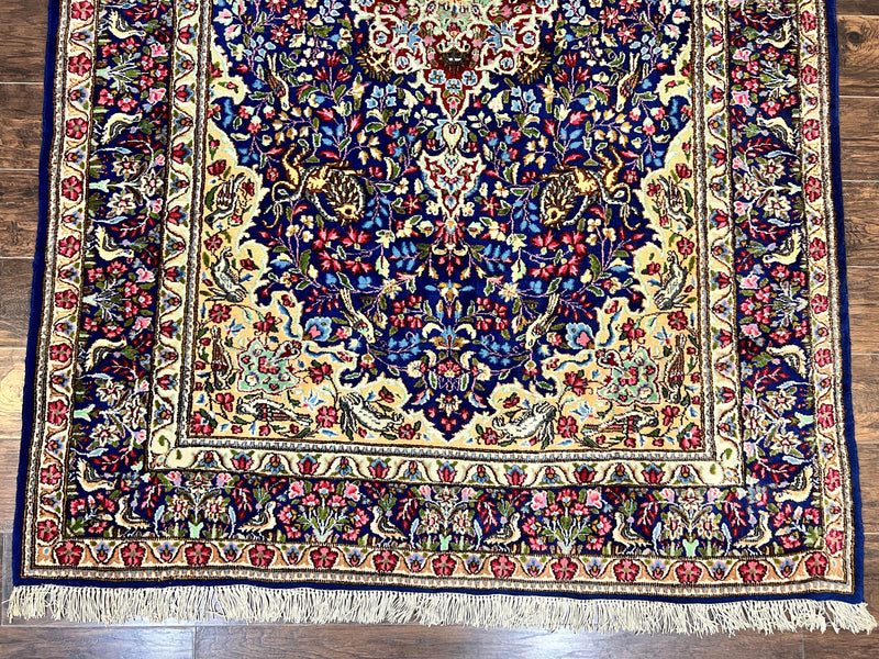 Persian Kirman Rug 6x9, Floral Medallion Vintage Wool Handmade Carpet 6 x 9, Animal Pictorials Birds, Semi Antique, Navy Blue, Millefleur by Jewel Rugs
