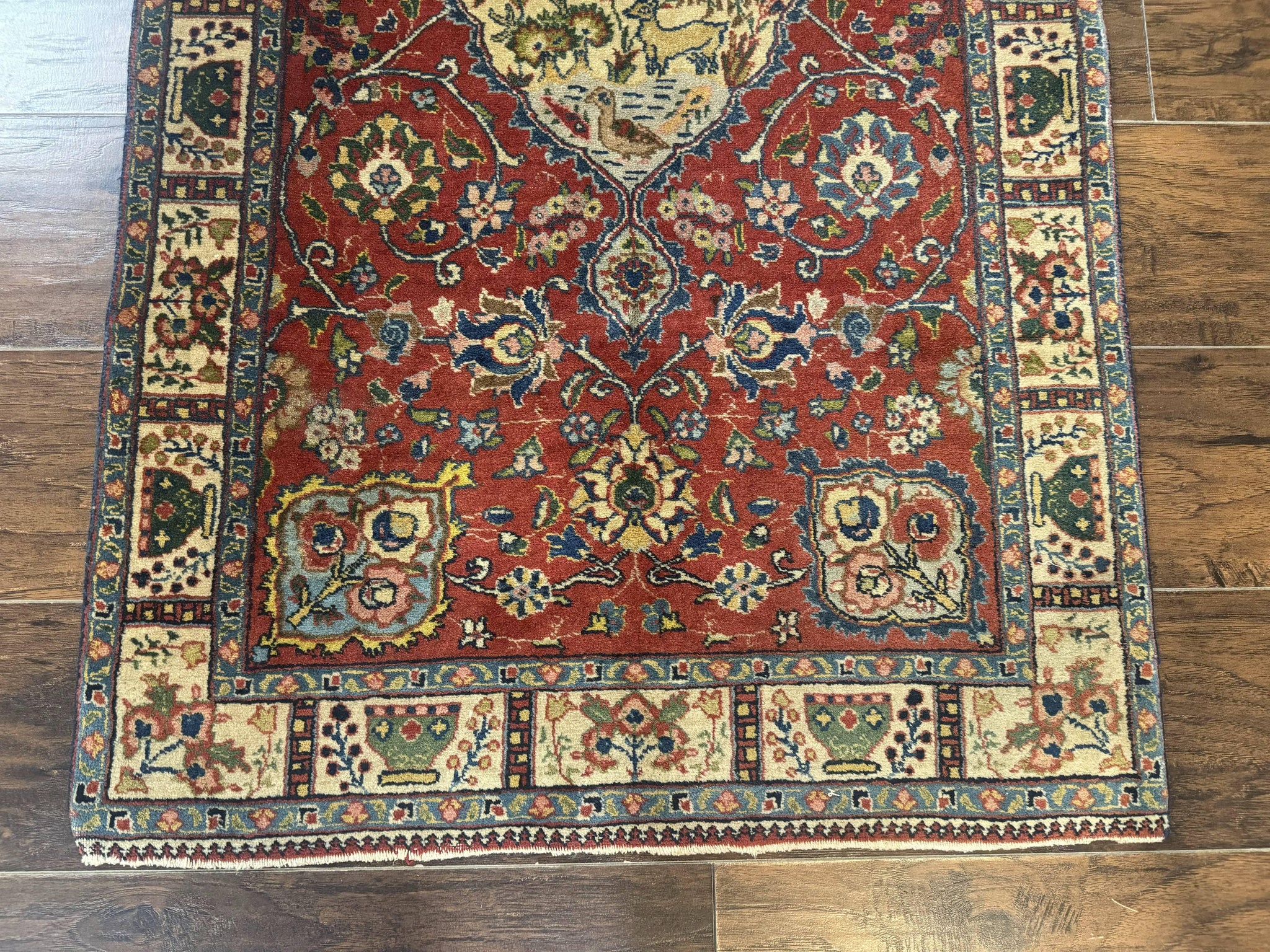 Small Persian Tabriz Rug 2.8 x 4.7, Red, Animal Pictorials, Semi Antique Vintage by Jewel Rugs