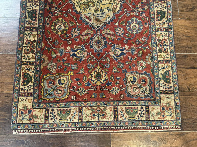 Small Persian Tabriz Rug 2.8 x 4.7, Red, Animal Pictorials, Semi Antique Vintage by Jewel Rugs