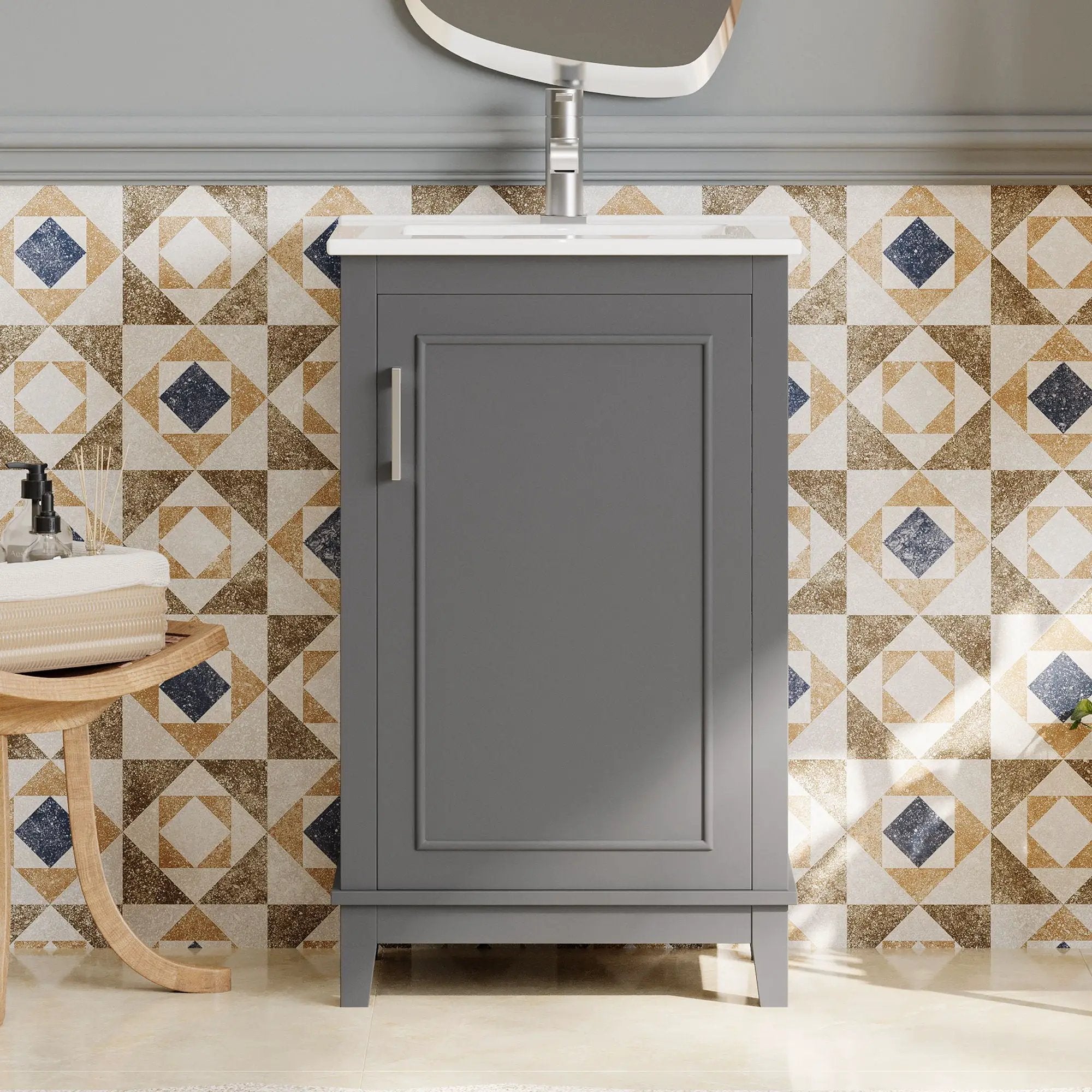 Modern Small Bathroom Vanity Cabinet With Ceramic Basin, Ample Storage, 1 Soft Close Door by HouseOfZazla