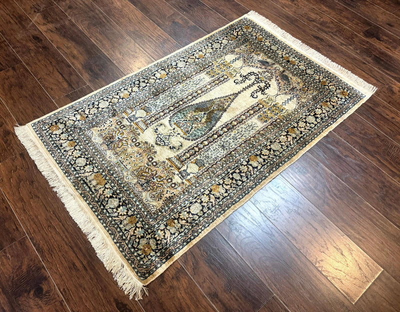 Silk Indian Kashmiri Rug 3x4, Very Fine 400 KPSI, Silk Prayer Rug, Handmade by Jewel Rugs