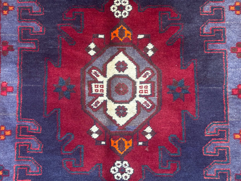 Persian Karajeh Runner Rug 3.6 x 9.5, Geometric Medallions, Tribal Village Rug, Navy Blue, Handmade by Jewel Rugs