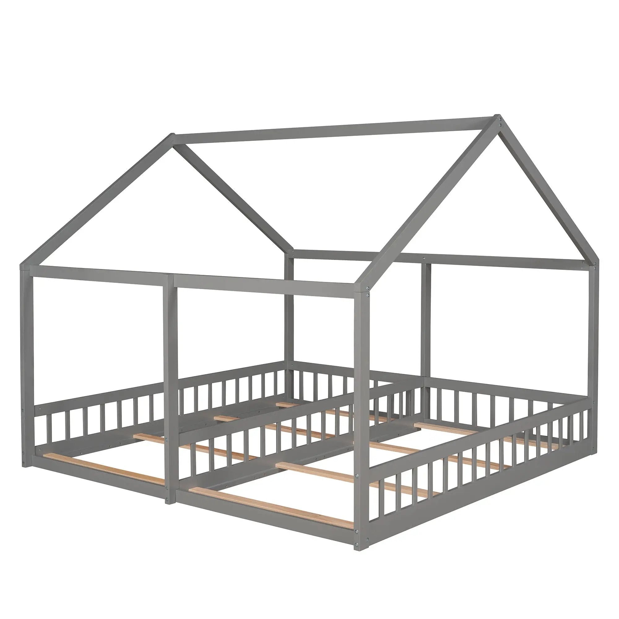 House Platform Beds, 2 Shared Beds, Metal Frame With Guardrails by Unique Piece Furniture