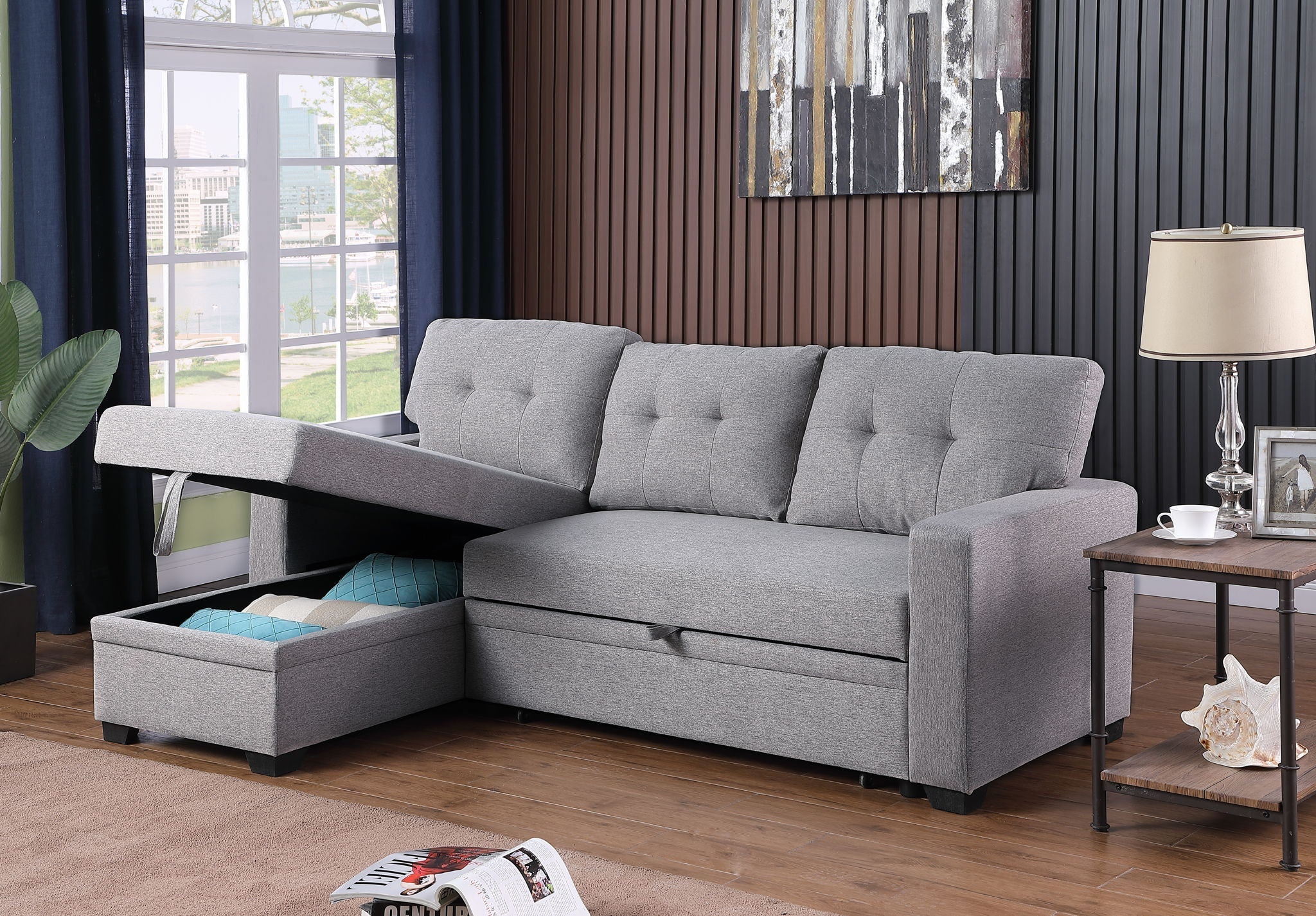 Upholstered Pull Out Sectional Sofa With Chaise by HouseOfZazla