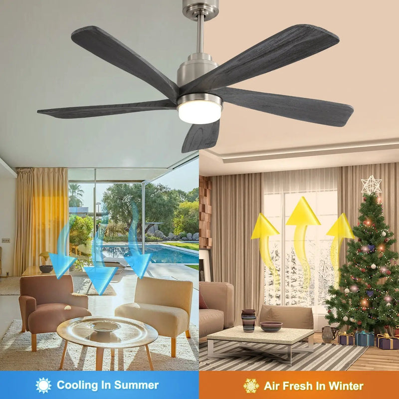 Modern Ceiling Fan With Dimmable LED Light 5 Solid Wood Blades Remote Control Reversible Dc Motor With Smart App Control - Nickel by HouseOfZazla
