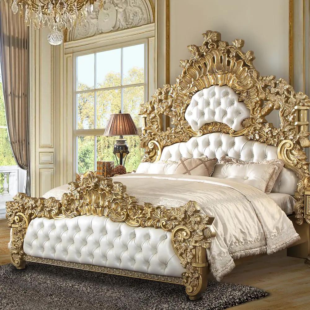 Bernadette - Eastern King Bed - White Synthetic Leather Fabric & Gold by Unique Piece Furniture