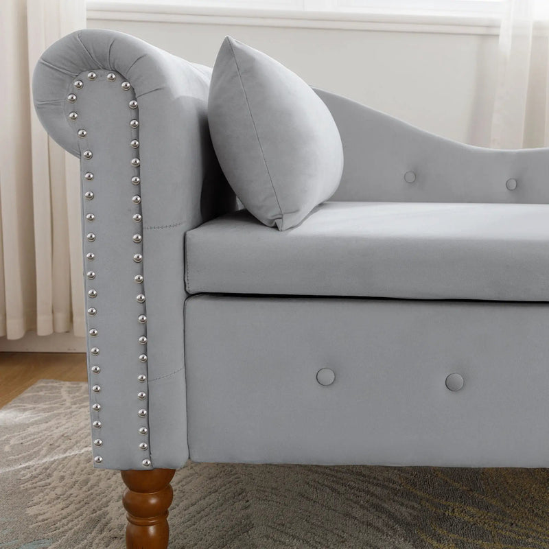 Chaise Lounge Indoor, Lounge Chair For Bedroom With Storage & Pillow, Modern Upholstered Rolled Arm Chase Lounge For Sleeping With Nailhead Trim For Living Room Bedroom Office by HouseOfZazla