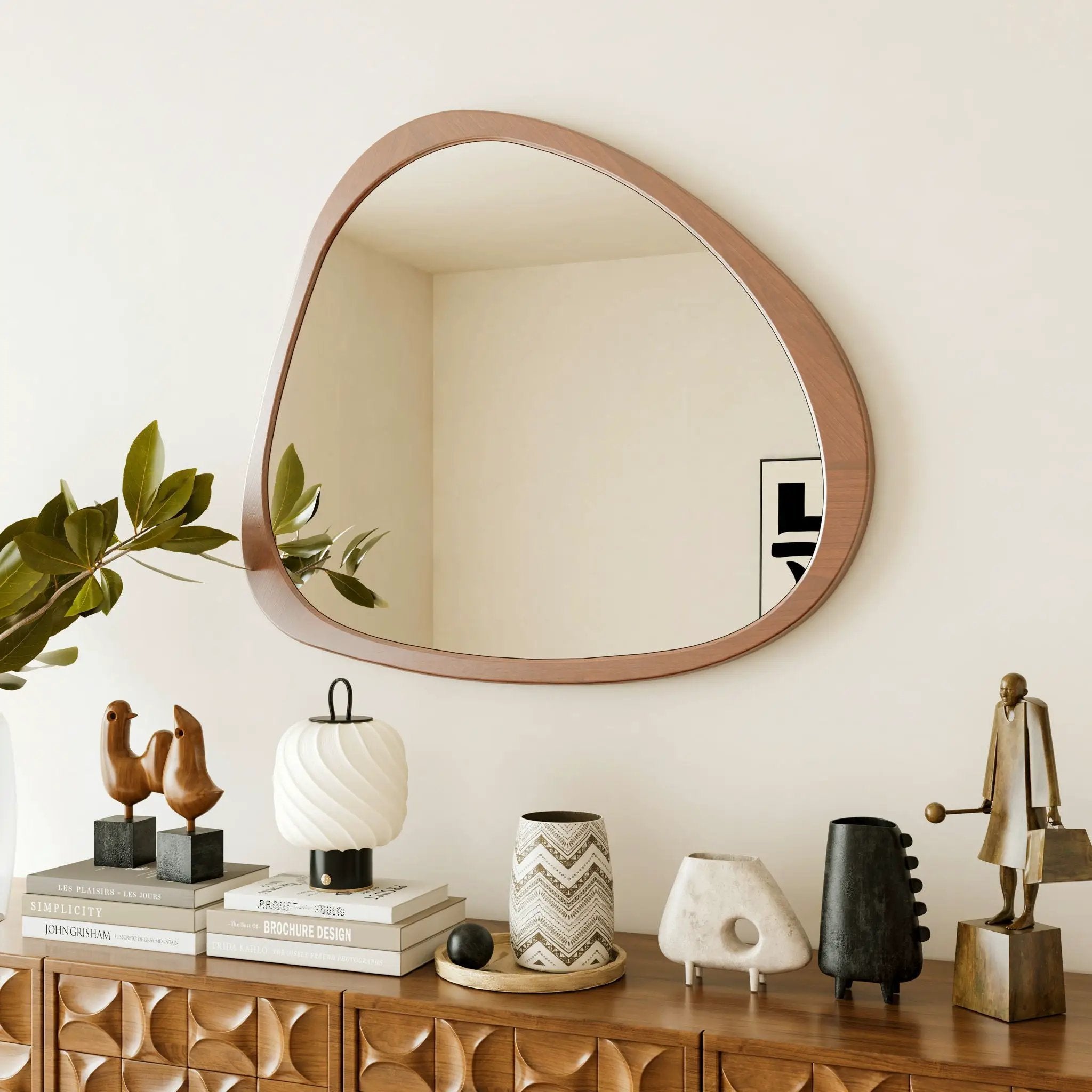 Asymmetrical Wall Mirror Wooden Framed Mirror Large Sized Dressing Mirror, For Living Room, Bedroom, Bathroom, Hallway Or Entry Way - Natural Wood by HouseOfZazla