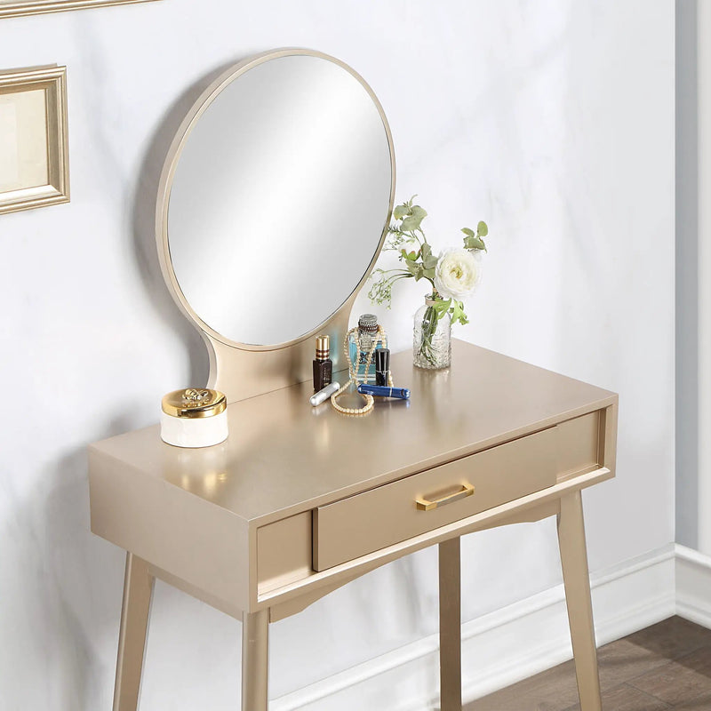 Maly - Contemporary Wood Vanity And Stool Set - Gold by HouseOfZazla