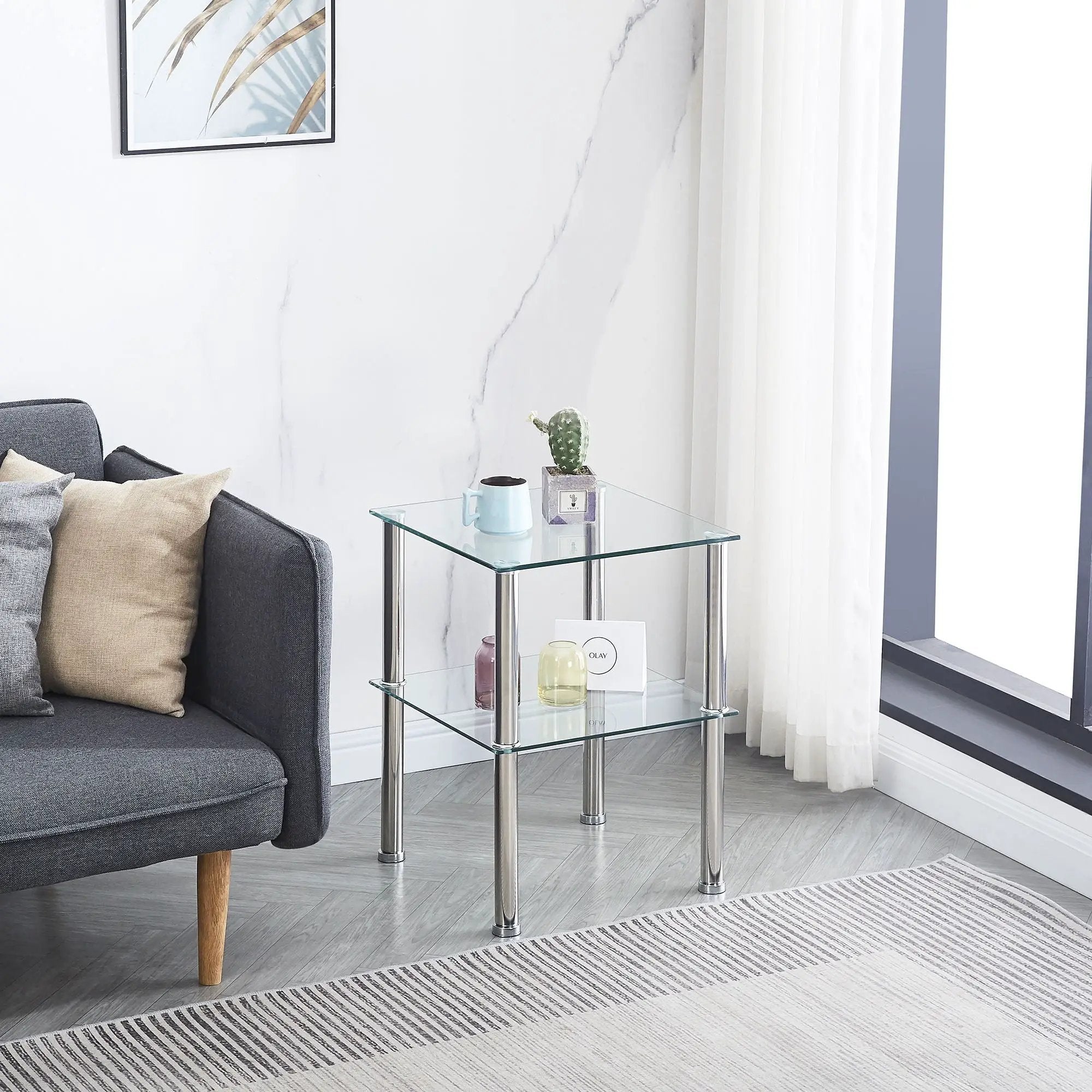 Modern 2 Piece Side Table With Storage Shelf, Tempered Glass, Space Saving Design - Clear by HouseOfZazla