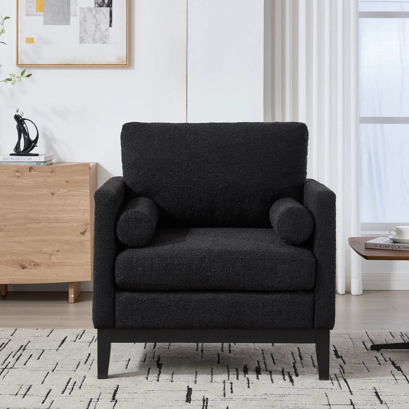 Wide Modern Farmhouse Performance Accent Chair With Legs, Wood Base by HouseOfZazla
