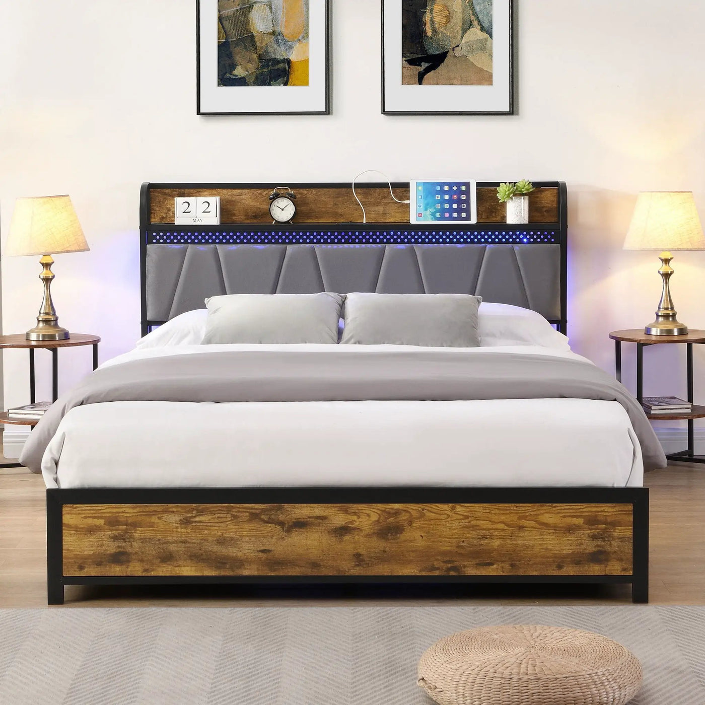 Contemporary Bed Frame With Storage Headboard, Charging Station, LED Lights by Unique Piece Furniture