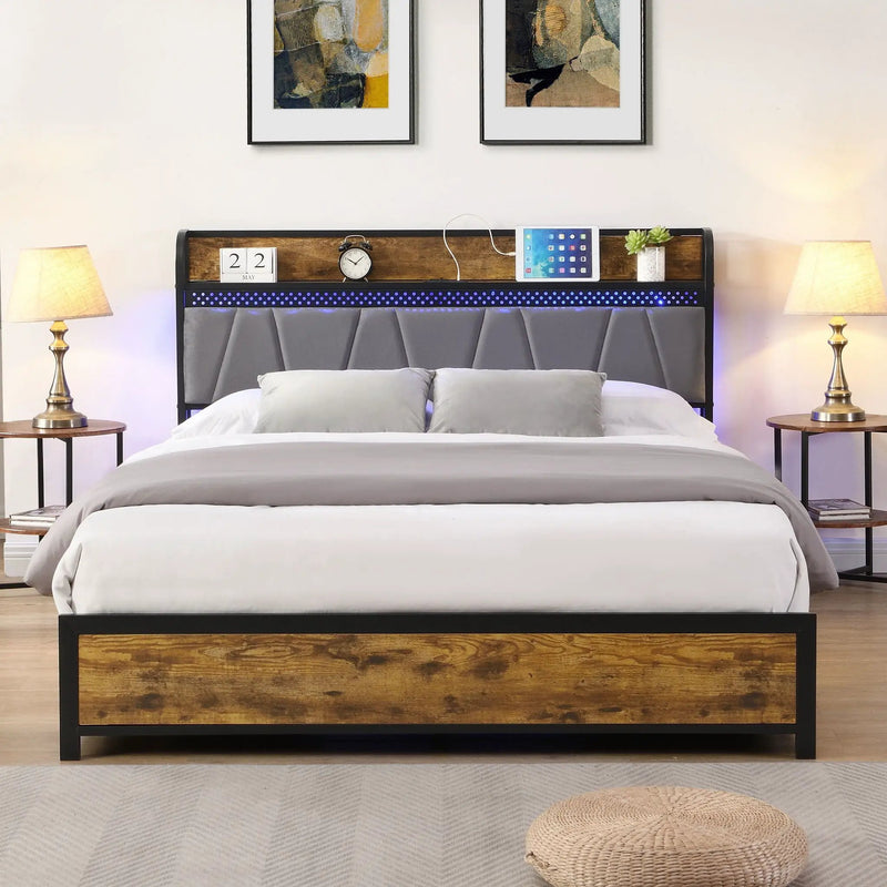 Contemporary Bed Frame With Storage Headboard, Charging Station, LED Lights by Unique Piece Furniture