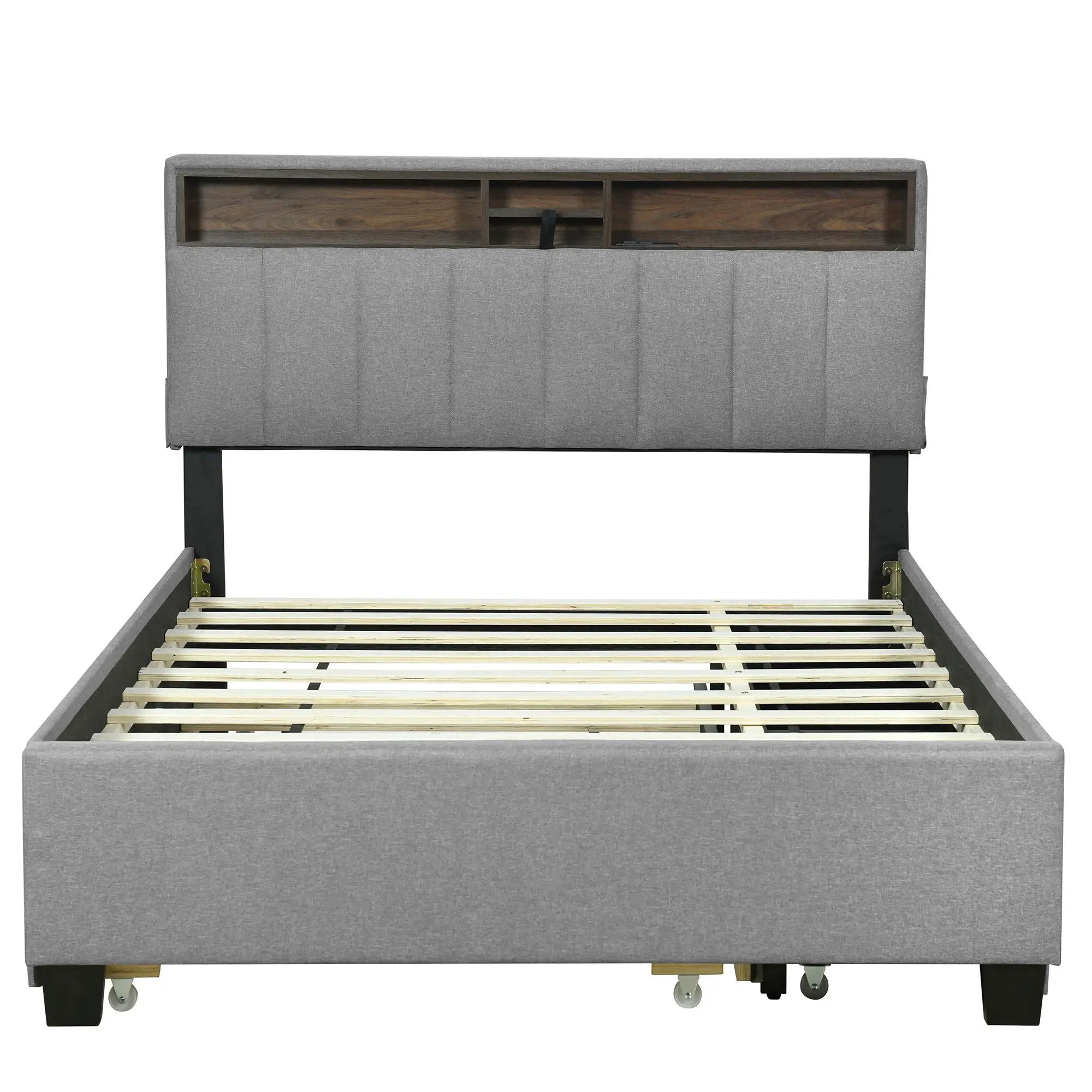 Upholstered Platform Bed With Storage Headboard, Trundle & 2 Drawers And A Set Of Sockets & USB Ports by Unique Piece Furniture