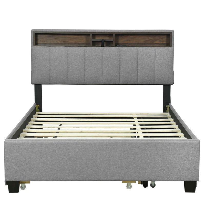 Upholstered Platform Bed With Storage Headboard, Trundle & 2 Drawers And A Set Of Sockets & USB Ports by HouseOfZazla