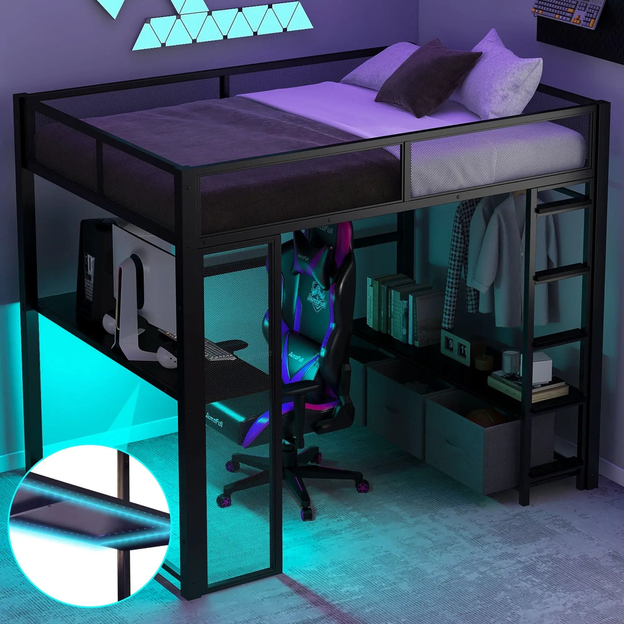 Full Size Gaming Loft Bed With LED Desk, Open Wardrobe, 3 Linen Storage Drawers - Black by HouseOfZazla