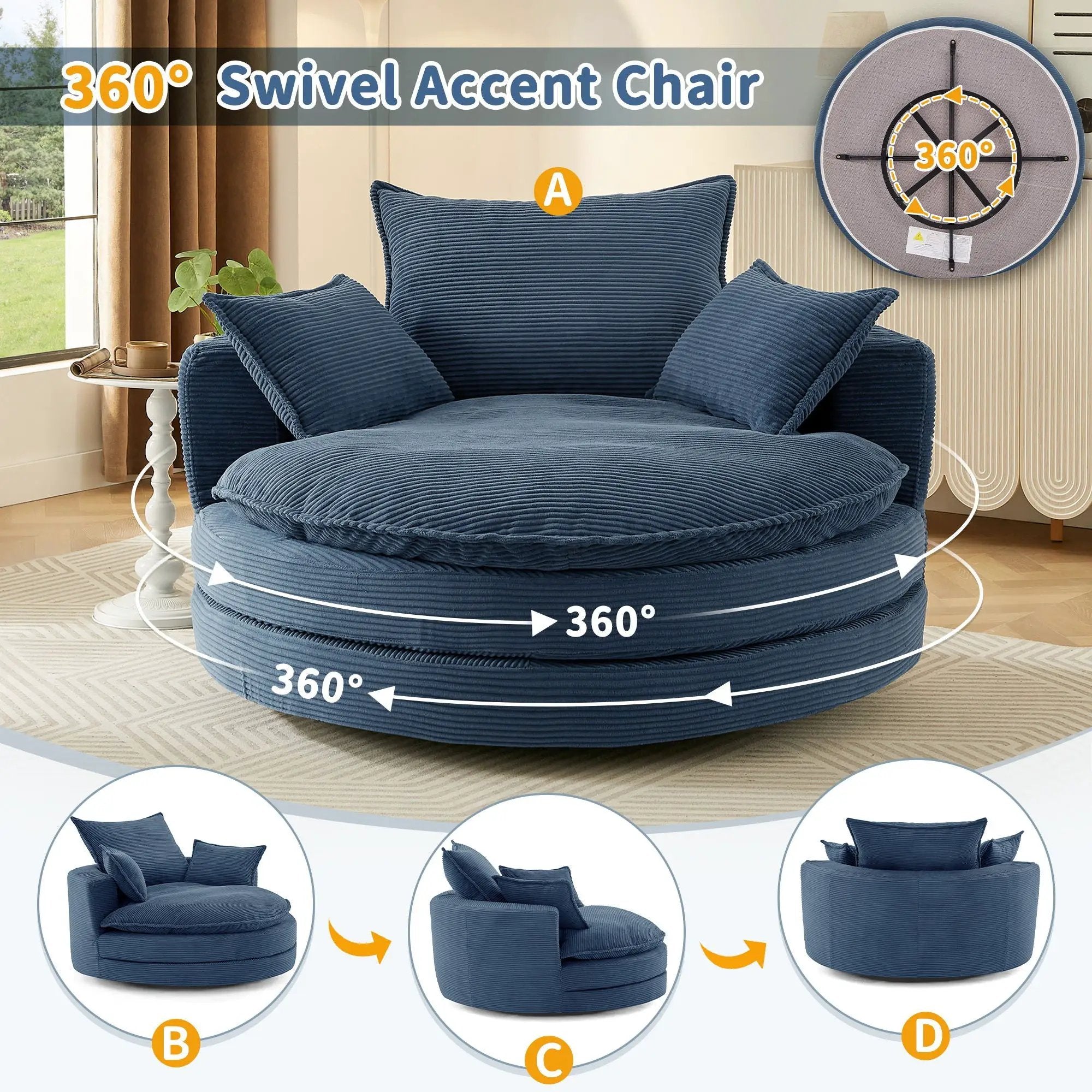 360° Swivel Accent Barrel Chair With Dual Layer Cushion And 3 Removable Pillows by Unique Piece Furniture