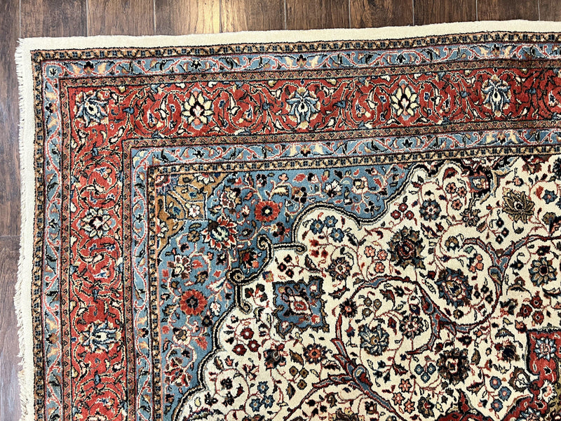 Persian Sarouk Rug 8x12, Wool Hand Knotted Antique Carpet, Floral Medallion, Cream Red, Traditional Oriental Rug by Jewel Rugs