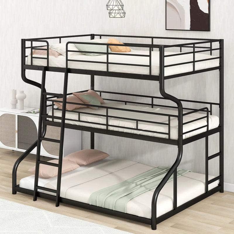 Industrial Triple Bunk Bed With Dual Ladders Frame, Space Saving Design by Unique Piece Furniture