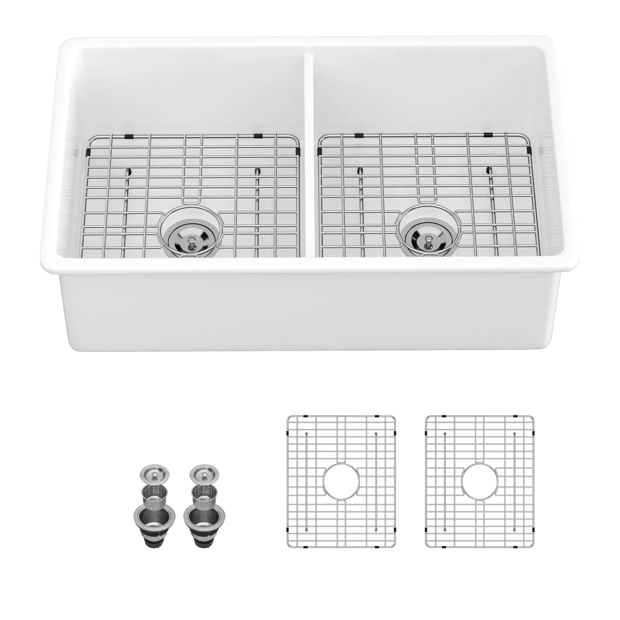 Elegant Dual Mount 32" Undermount Double Bowl Ceramic Kitchen Sink - White by HouseOfZazla