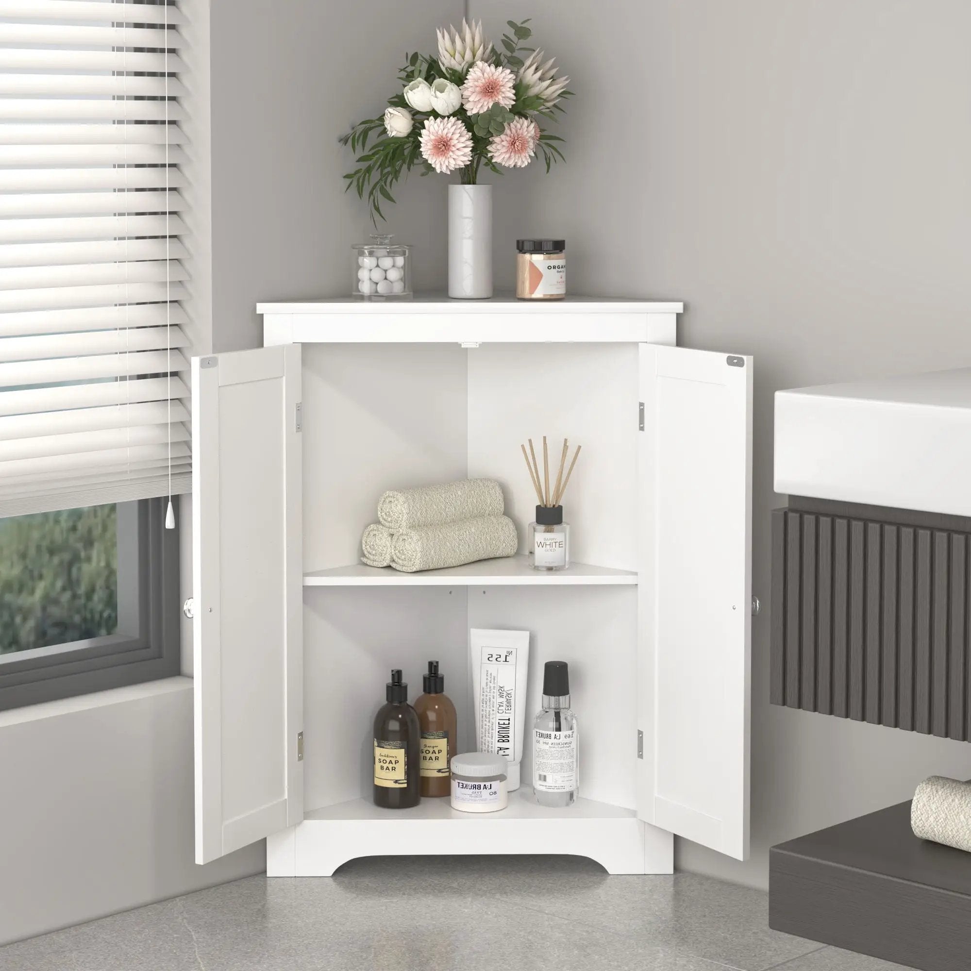 Corner Cabinet With 2 Doors And Adjustable Shelves, Freestanding Narrow Storage Organizer For Bathroom - White by Unique Piece Furniture