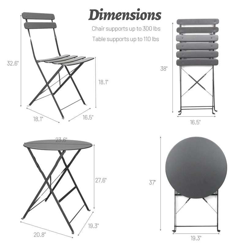 3 Pieces Patio Bistro Balcony Metal Chair Table Set - Gray by HouseOfZazla