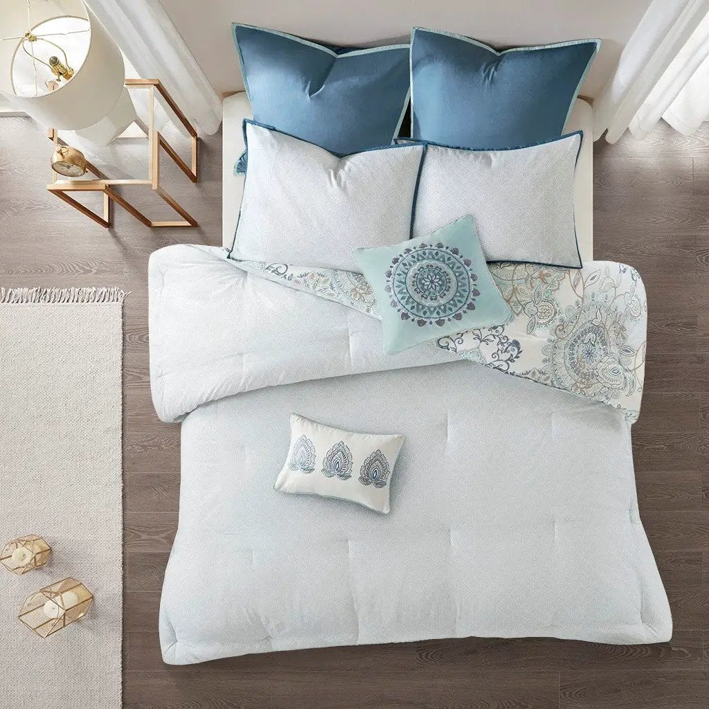 8 Piece Cotton Floral Printed Reversible Comforter Set Blue by HouseOfZazla