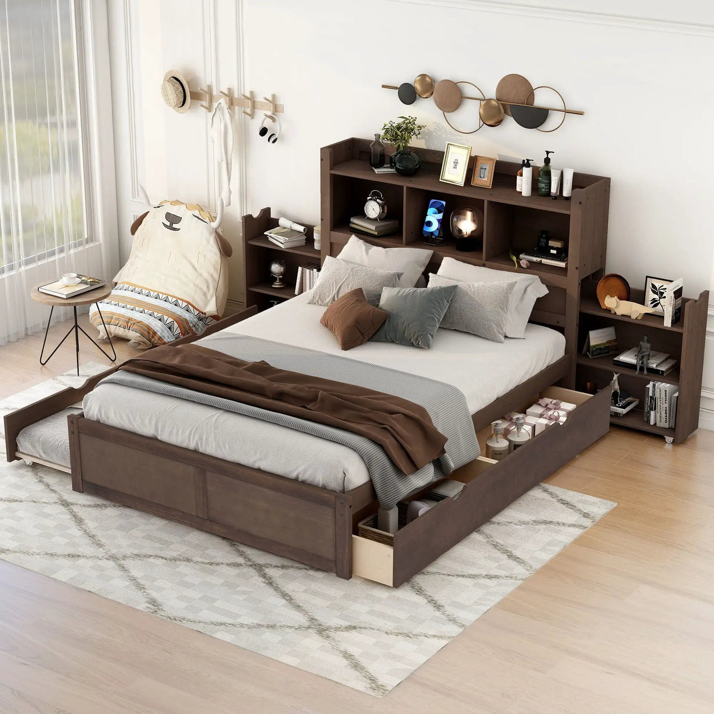 Storage Platform Bed With Pull Out Shelves, Trundle, And 2 Drawers by HouseOfZazla