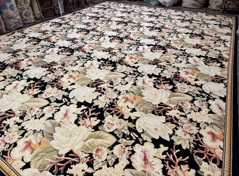 Palace Size Needlepoint Rug 13x17, Extra Large Wool Floral Handmade Carpet, European Design, Botanical by Jewel Rugs